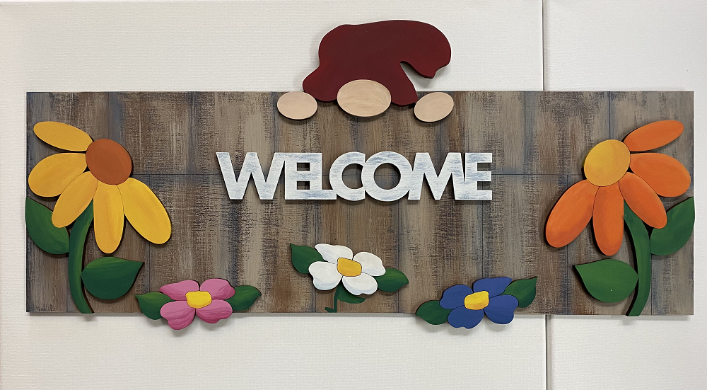 Design By Line Rectangular MDF Cutout Welcome Gnome With Flowers - Unfinished For DIY