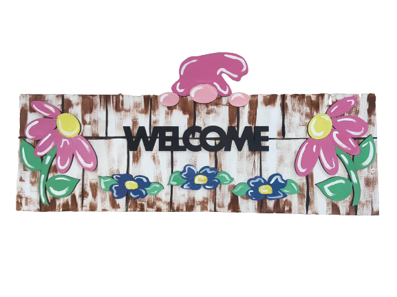 3D Design By Line Rectangle MDF Cutout Welcome Gnome With Flowers - Unfinished For DIY