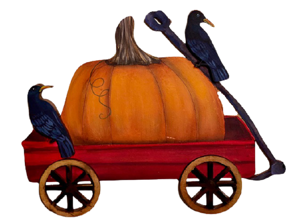 3D Design By Line Wagon MDF Cut Out Pumpkin On Cart With Birds And Shovel - Unfinished For DIY