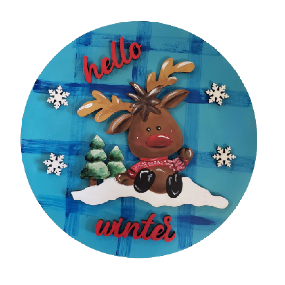 3D Round MDF Cutout Hello Winter Moose Scene - Unfinished For DIY