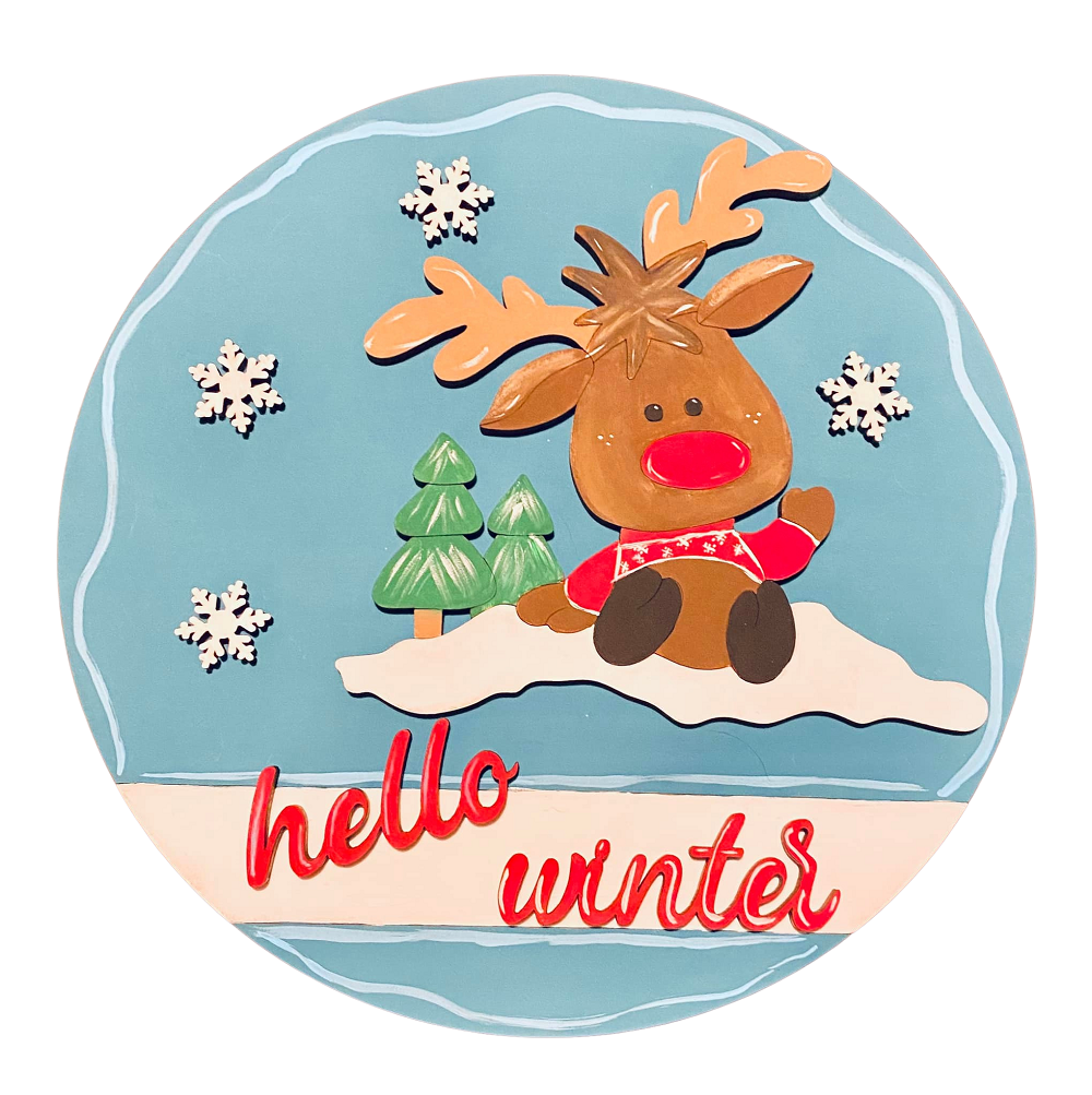 Design By Line Round MDF Cutout Hello Winter Reindeer With Snow And Trees - Unfinished For DIY
