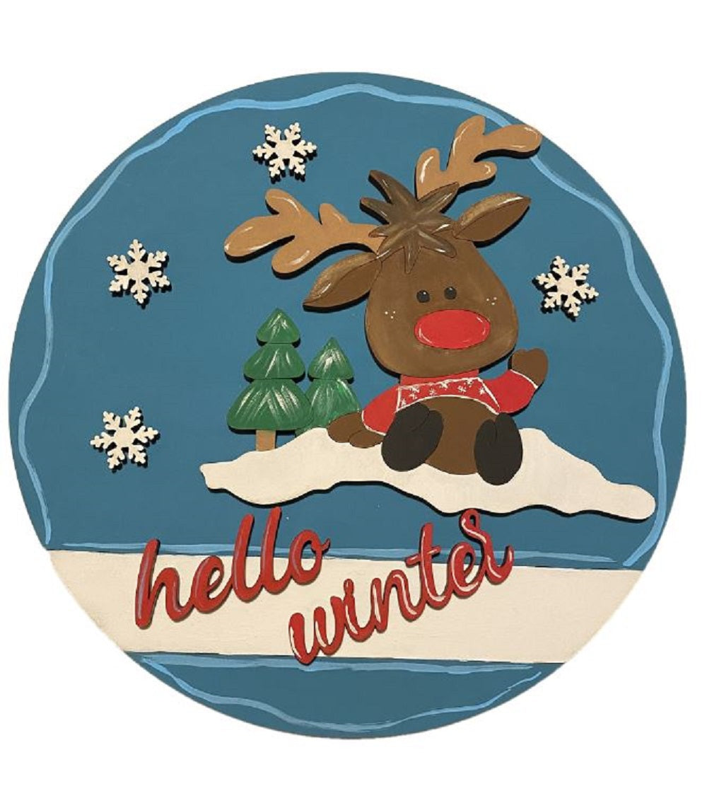 3D Round MDF Cutout Hello Winter Moose Scene - Unfinished For DIY