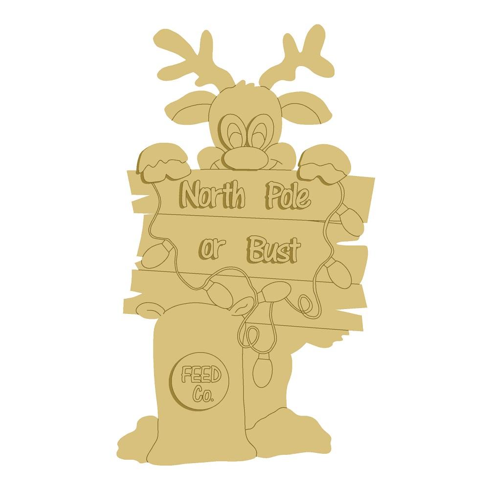 3D Design By Line Reindeer MDF Cutout With North Pole Or Bust Sign - Unfinished For DIY