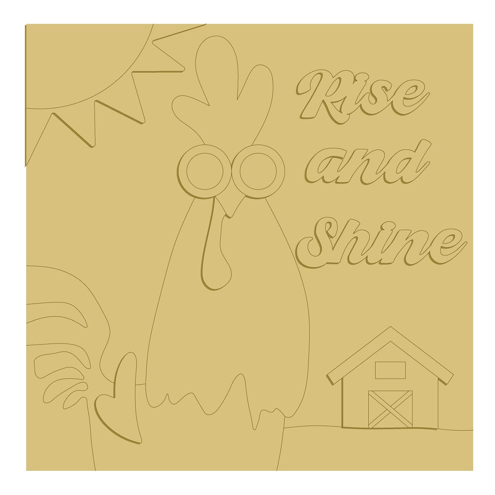 3D Design By Line Square MDF Cutout Farm Scene With Rooster and Rise And Shine Sign - Unfinished For DIY