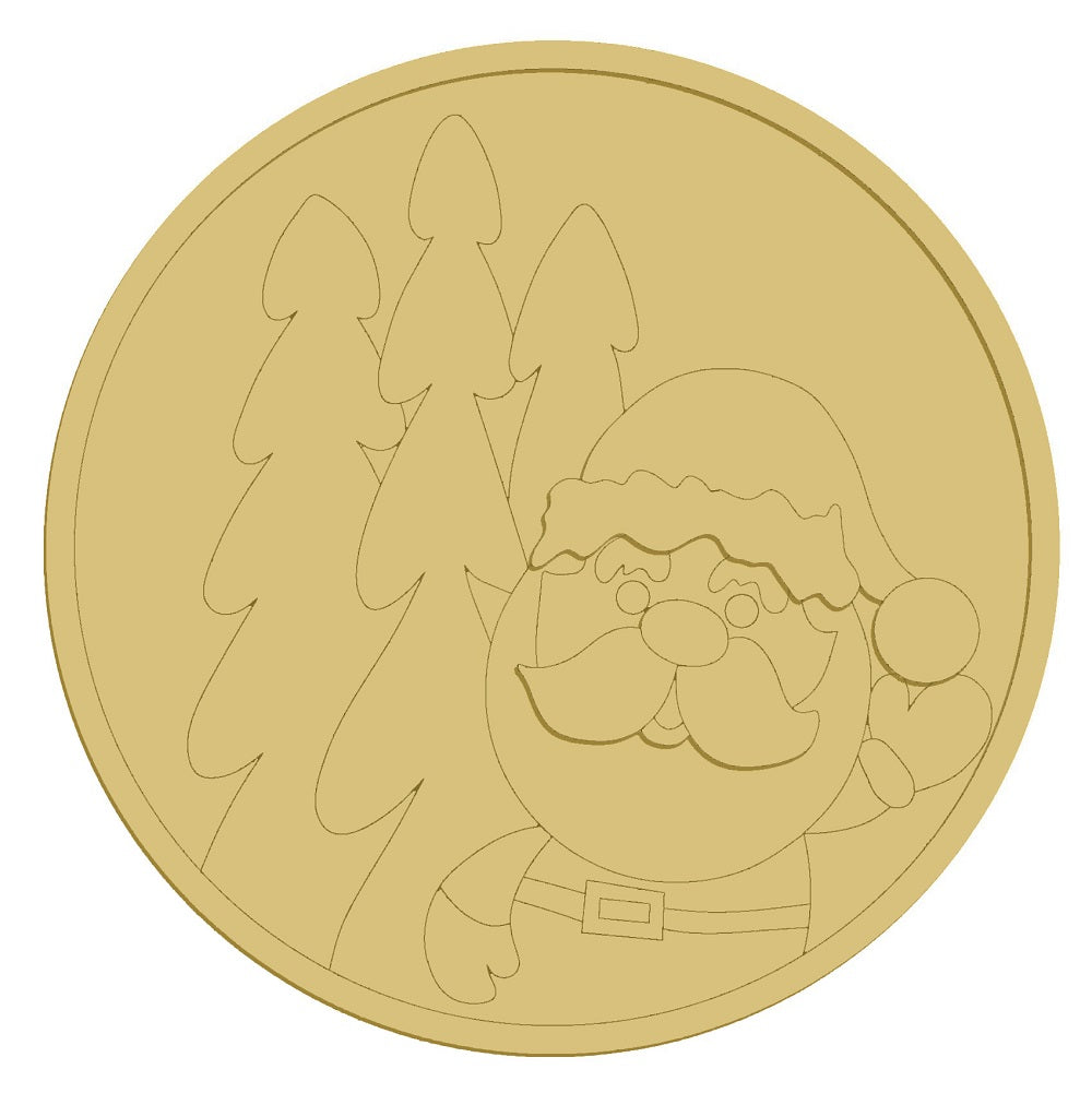 3D Design By Line Round MDF Cutout Santa Claus With Pine Trees - Unfinished For DIY