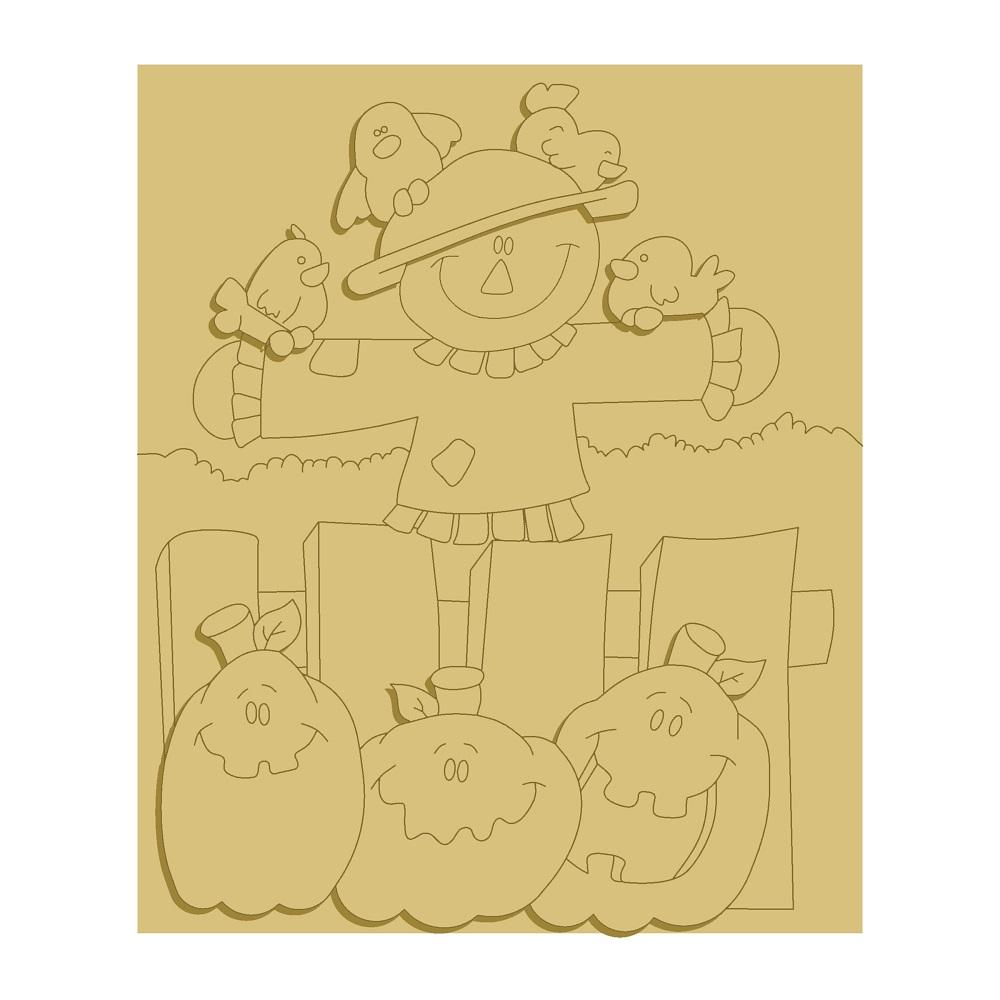 3D Design By Line Square Scarecrow MDF Cutout Harvest Scene With Pumpkins And Birds - Unfinished For DIY