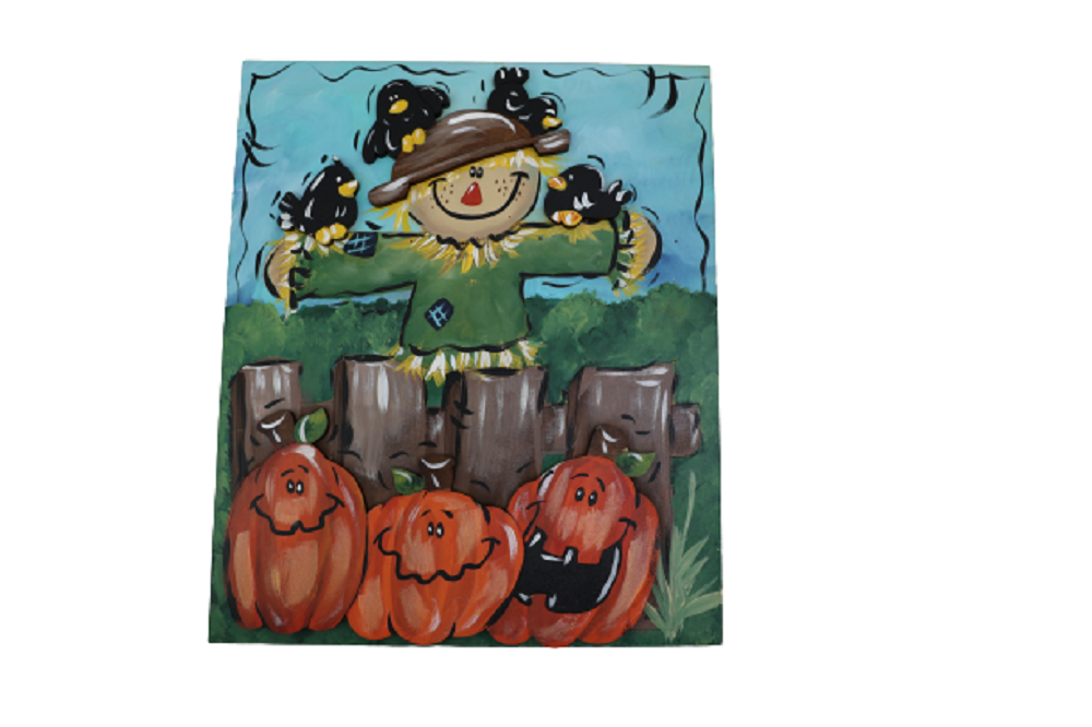 Design By Line Scarecrow MDF Cutout Harvest Scene With Pumpkins And Birds - Unfinished For DIY