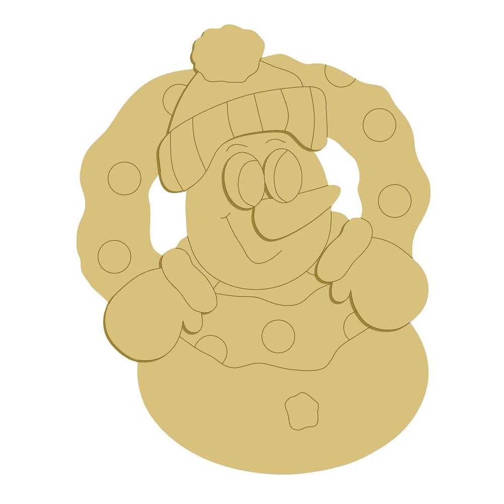 3D Snowman MDF Cutout With Hat And Scarf In Front Of Wreath Backdrop - Unfinished For DIY