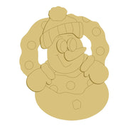 3D Snowman MDF Cutout With Hat And Scarf In Front Of Wreath Backdrop - Unfinished For DIY