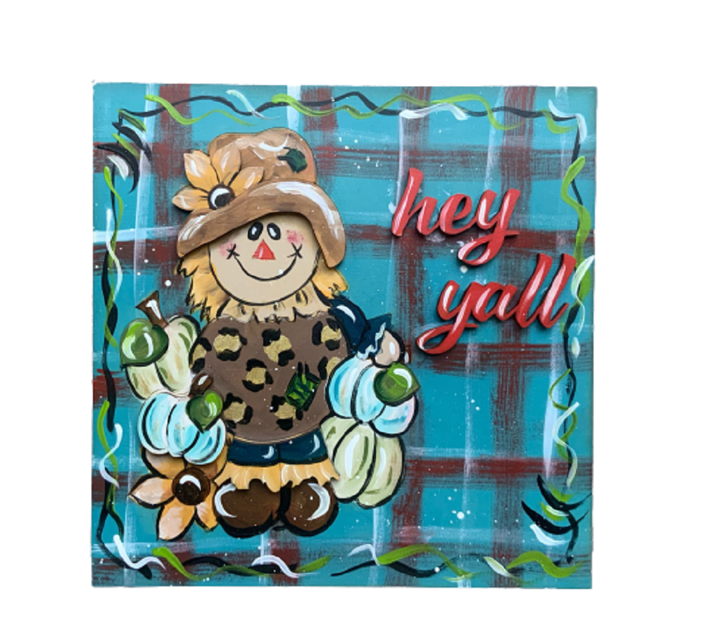 Design By Line Scarecrow MDF Cutout Hey Y'all With Flowers And Pumpkins - Unfinished For DIY