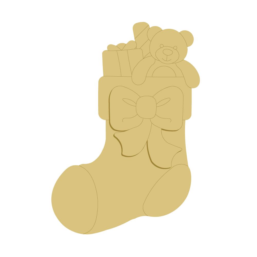 3D Design By Line Stocking MDF Cutout Stocking With Bear And Presents - Unfinished For DIY