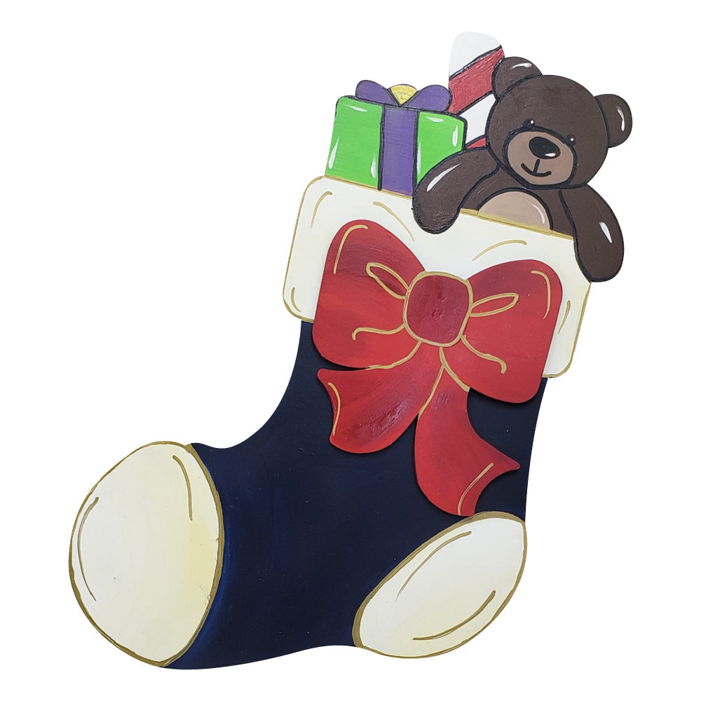 3D Design By Line Stocking MDF Cutout Stocking With Bear And Presents - Unfinished For DIY