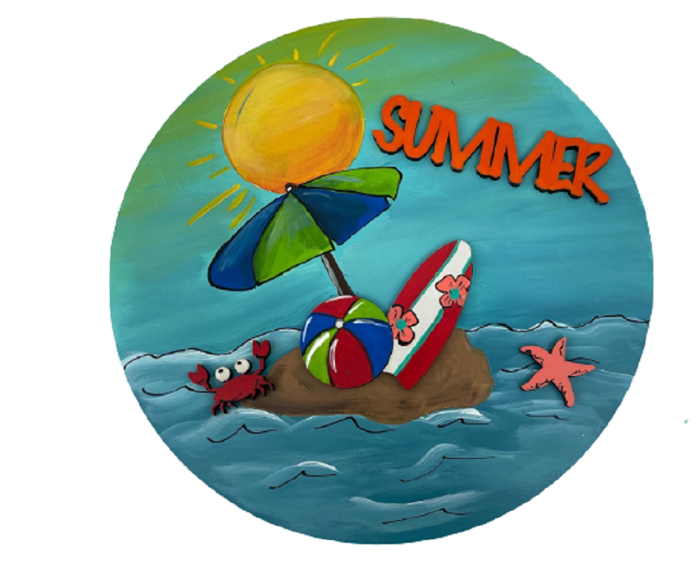 3D Design By Line Round MDF Cutout Summer Beach Scene With Umbrella, Beach Ball, Crab, Starfish - Unfinished For DIY