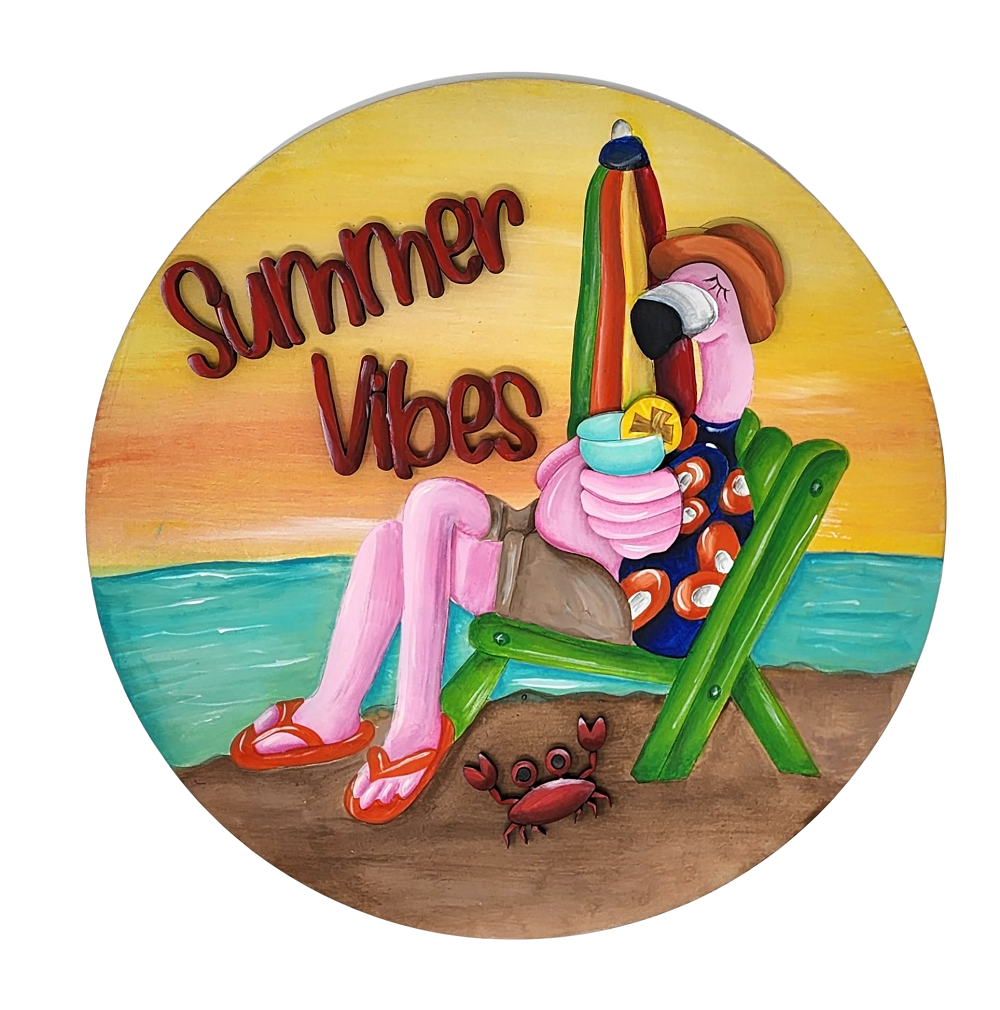 Design By Line Round MDF Cutout Summer Vibes Beach Chair With Crab - Unfinished For DIY