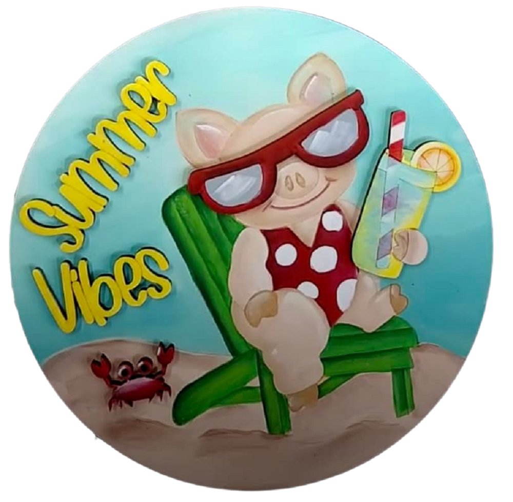 3D Design By Line Round MDF Cutout Summer Vibes Pig In Sunglasses On Beach Chair With Drink And Crab On Sand - Unfinished For DIY