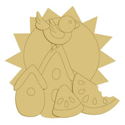 3D Design By Line MDF Cutout With Bird, Birdhouse, Sun And Watermelon - Unfinished For DIY