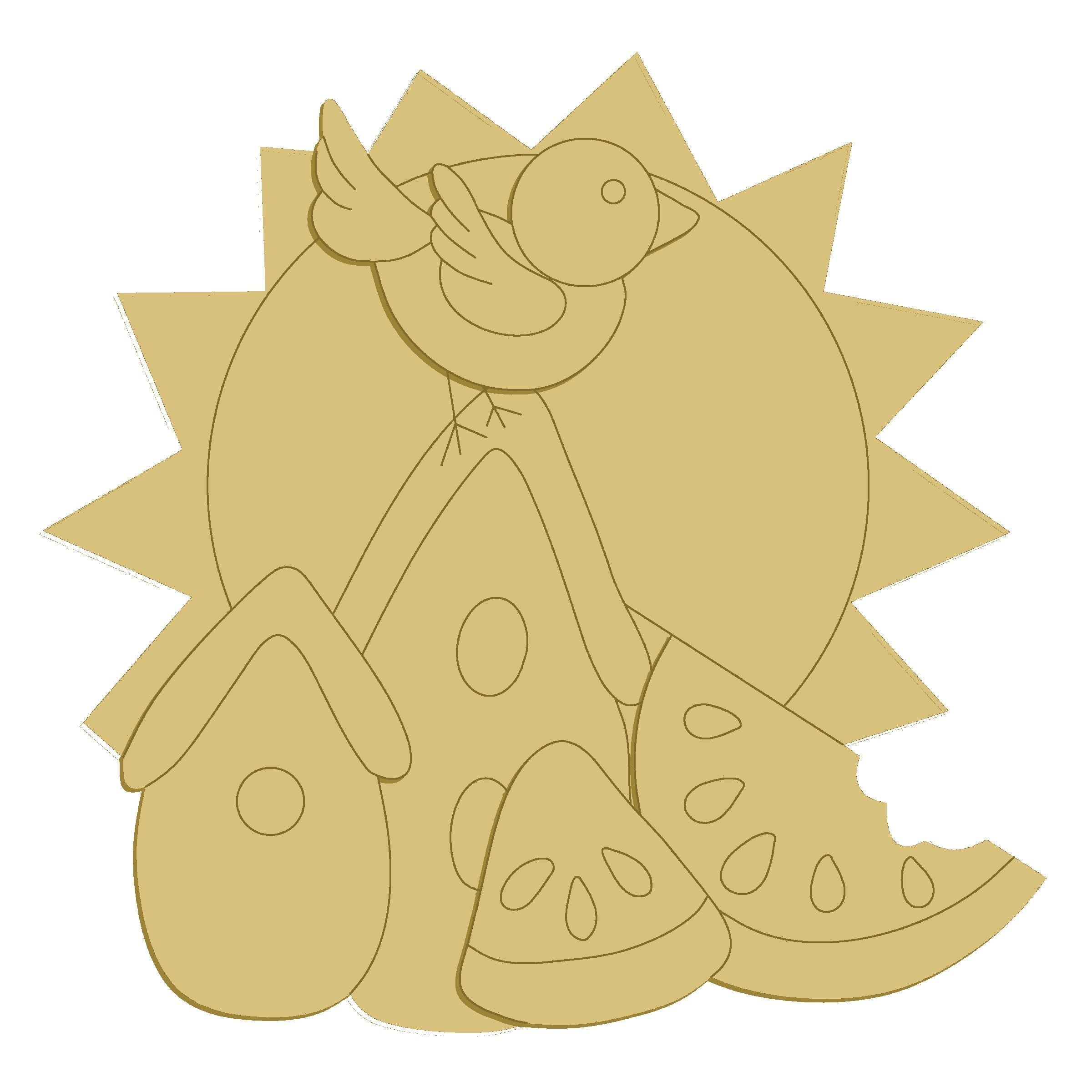 3D Design By Line MDF Cutout With Bird, Birdhouse, Sun And Watermelon - Unfinished For DIY