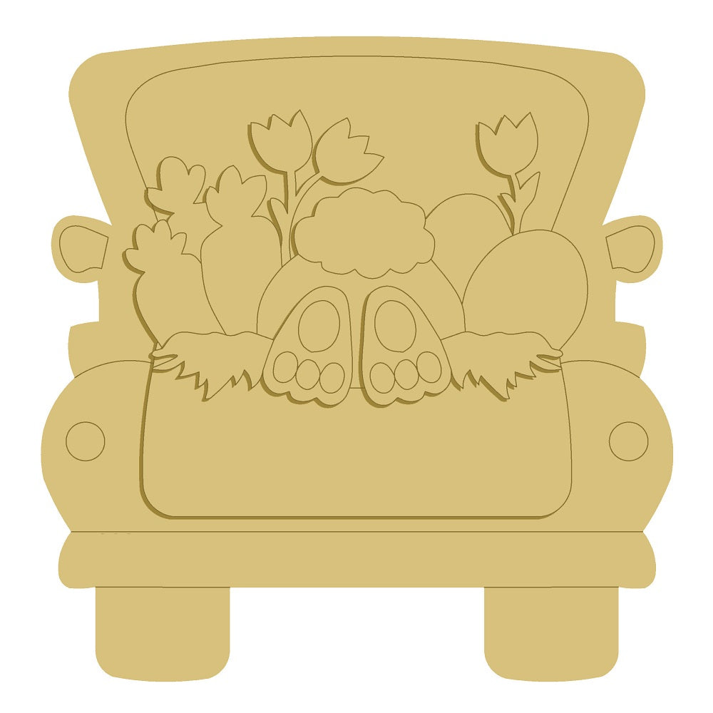 3D Design By Line Back Of a Truck MDF Cutout Easter Bunny, Carrots And Easter Eggs - Unfinished For DIY