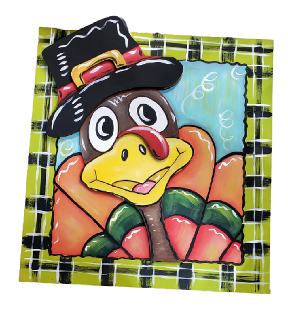 Design By Line Square MDF Cutout Thanksgiving Turkey With Pilgrim Hat Style 14 - Unfinished For DIY