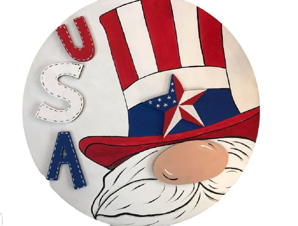 3D Design By Line Round MDF Cutout USA Gnome With Star - Unfinished For DIY