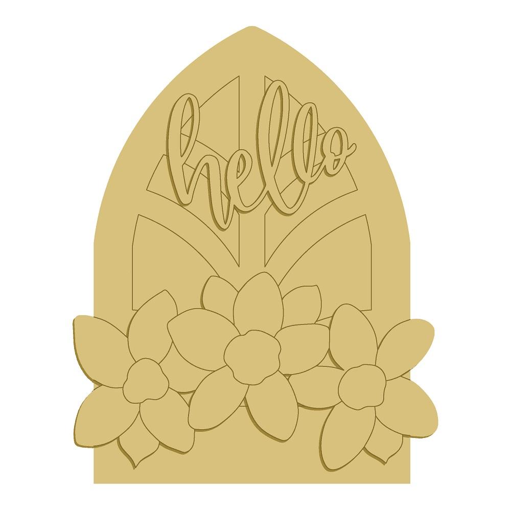 3D Design By Line Arched Window MDF Cutout Hello Floral Border - Unfinished For DIY