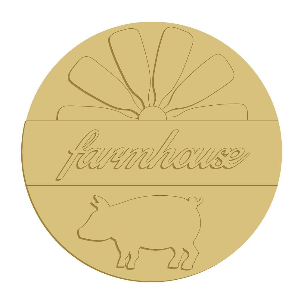 3D Round MDF Cutout Farmhouse With Pig - Unfinished For DIY