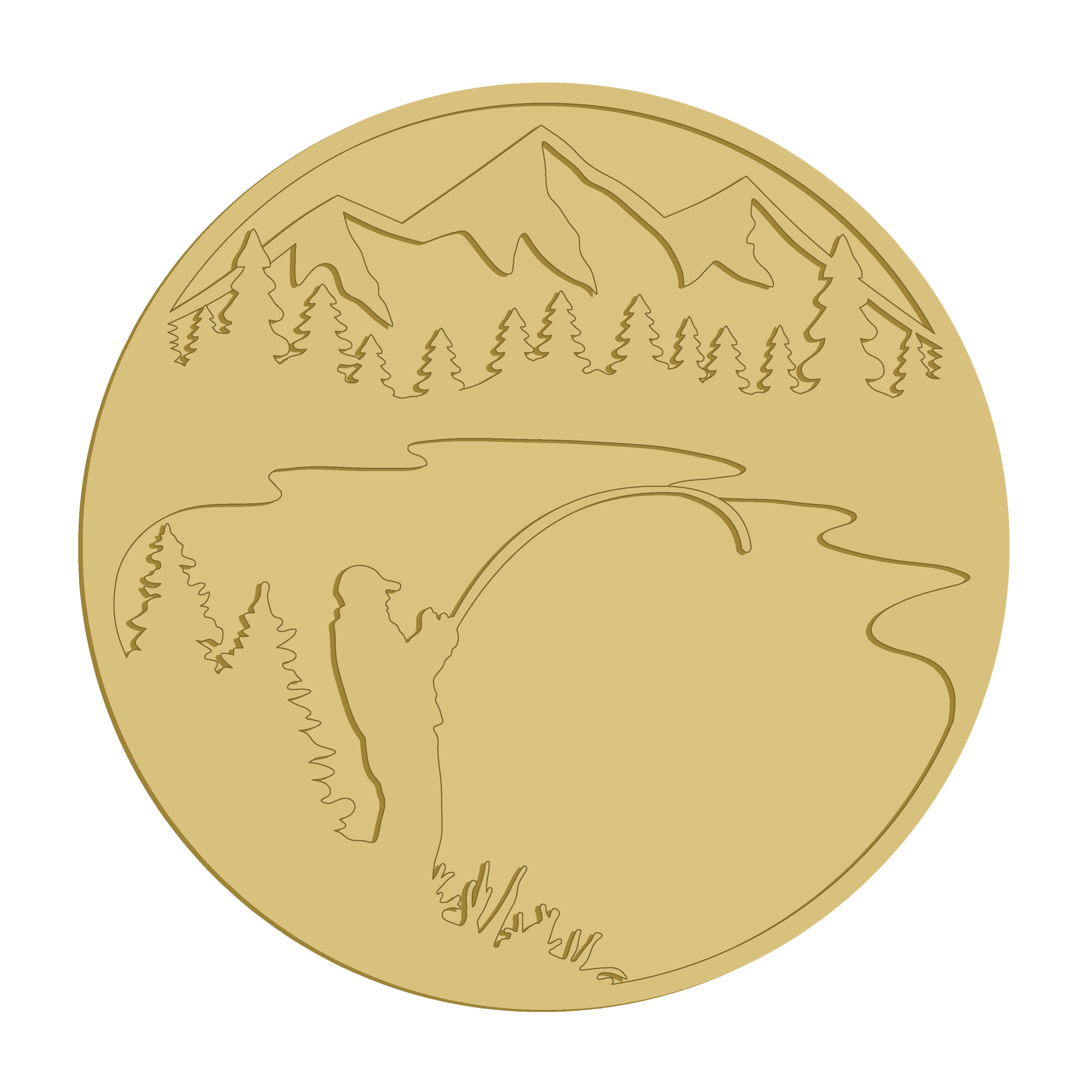 3D Round MDF Cutout Fisherman On Lake Shore With Mountains And Pine Forest - Unfinished For DIY