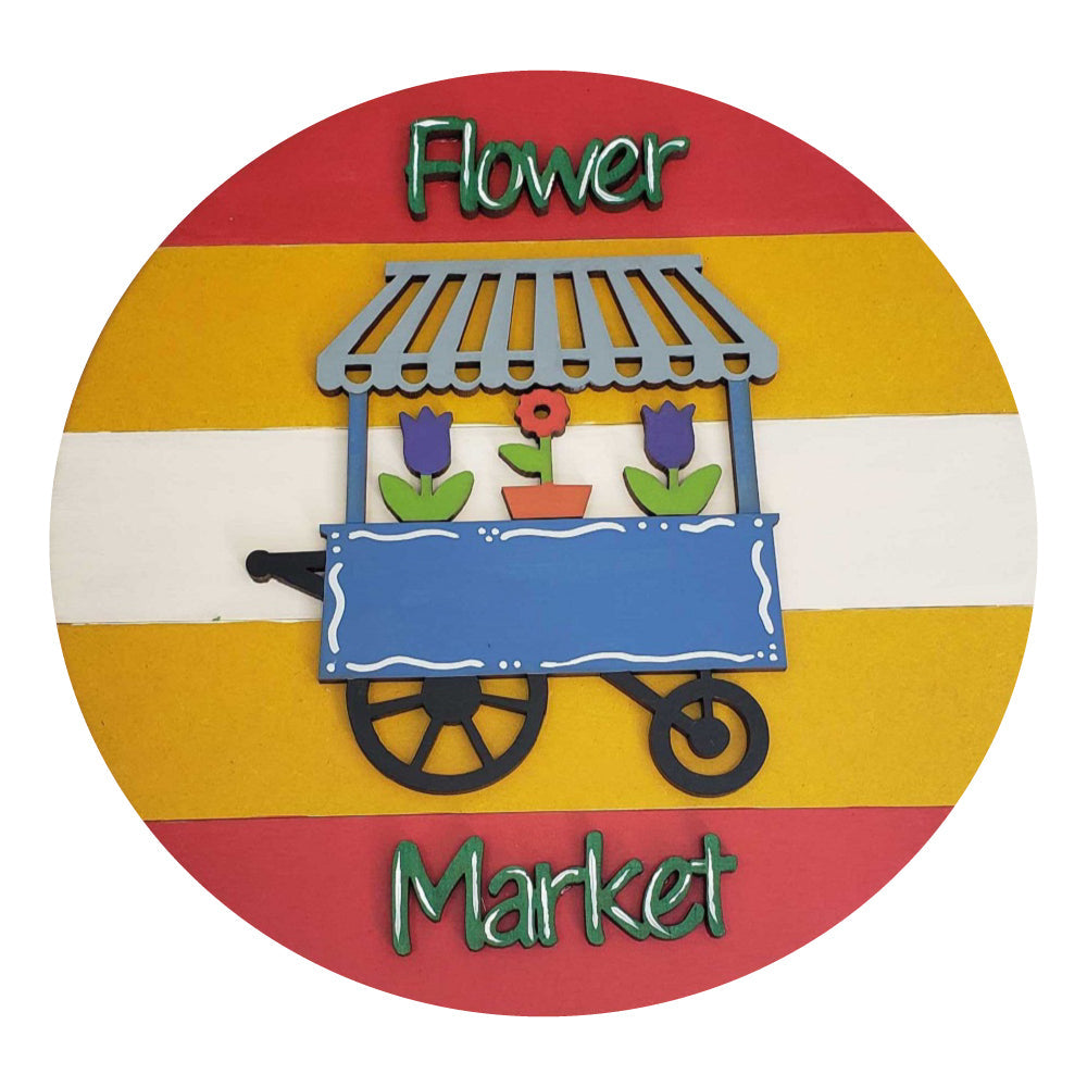 Design By Line Round MDF Cutout Flower Market Cart Silhouette - Unfinished For DIY
