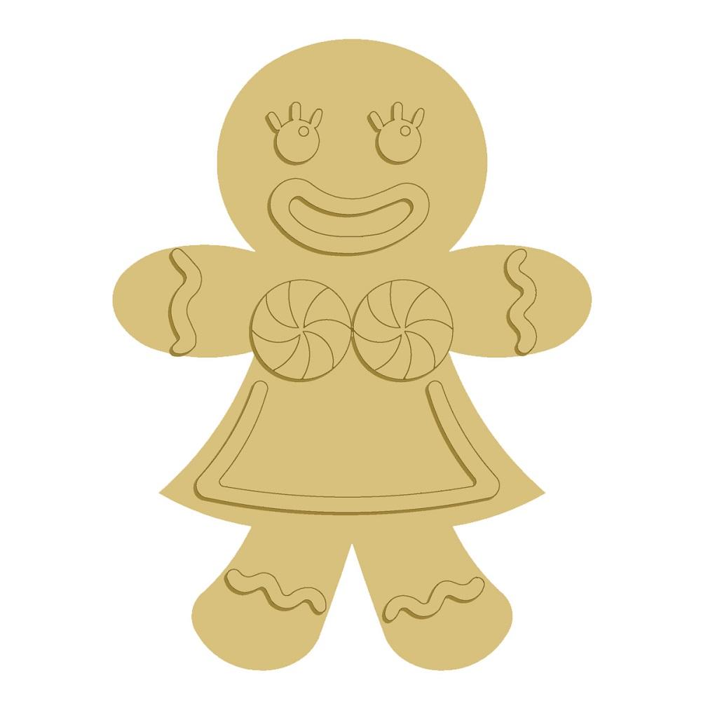 3D Gingerbread Girl MDF Cutout With Peppermint Candy Buttons And Ruffled Dress - Unfinished For DIY