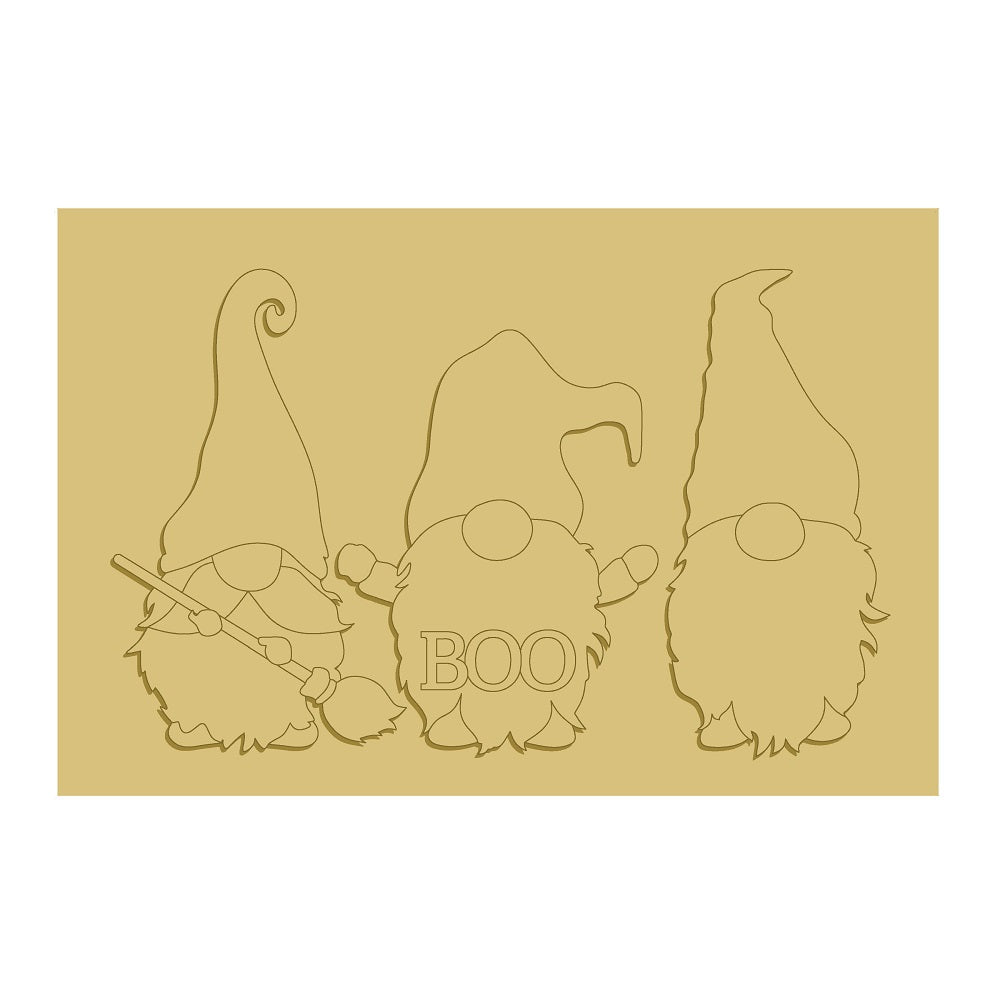 3D Rectangle MDF Cutout Halloween Gnomes With Boo Script and Broom - Unfinished For DIY