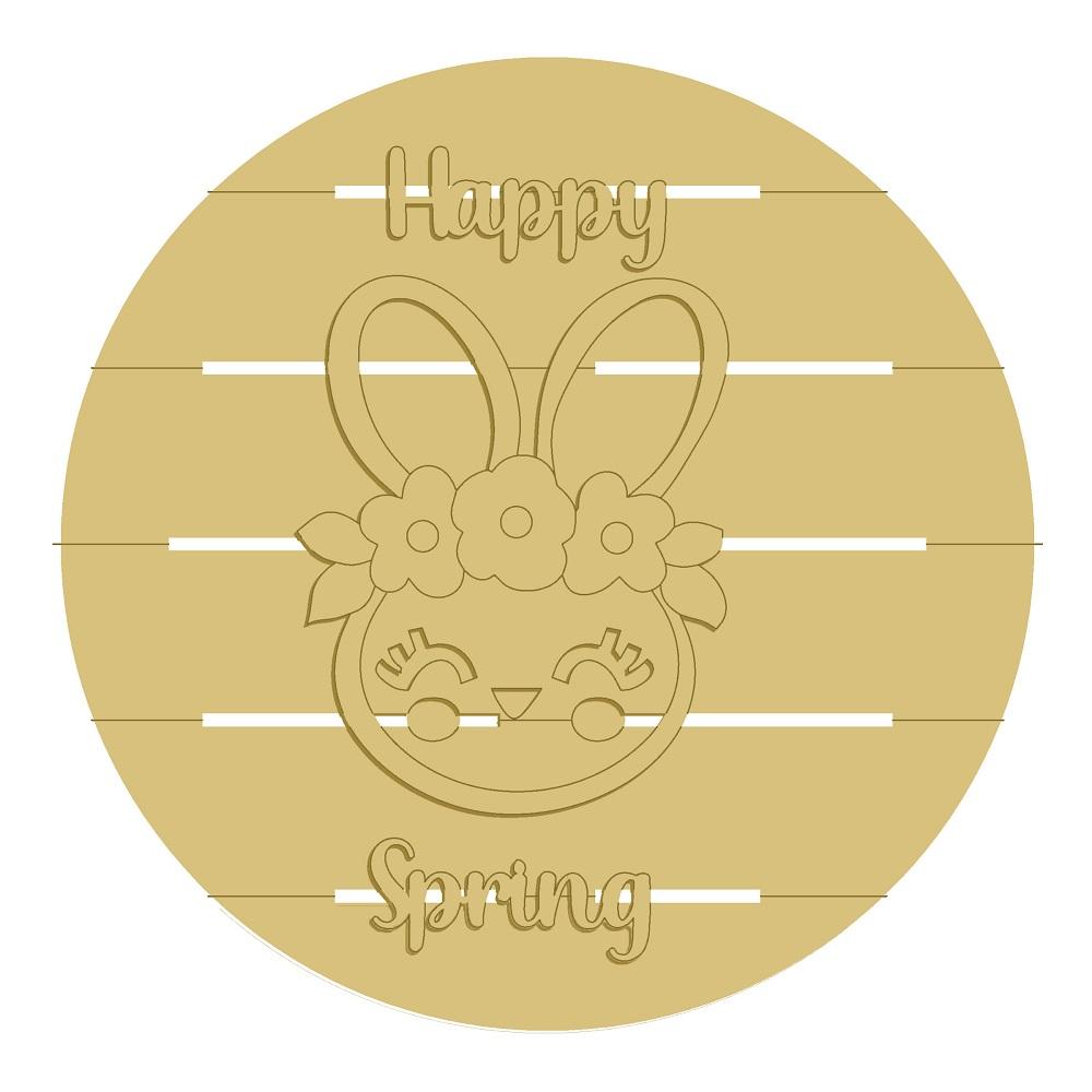3D Round Pallet MDF Cutout Happy Spring Bunny Flower Crown - Unfinished For DIY