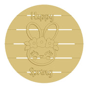 3D Round Pallet MDF Cutout Happy Spring Bunny Flower Crown - Unfinished For DIY