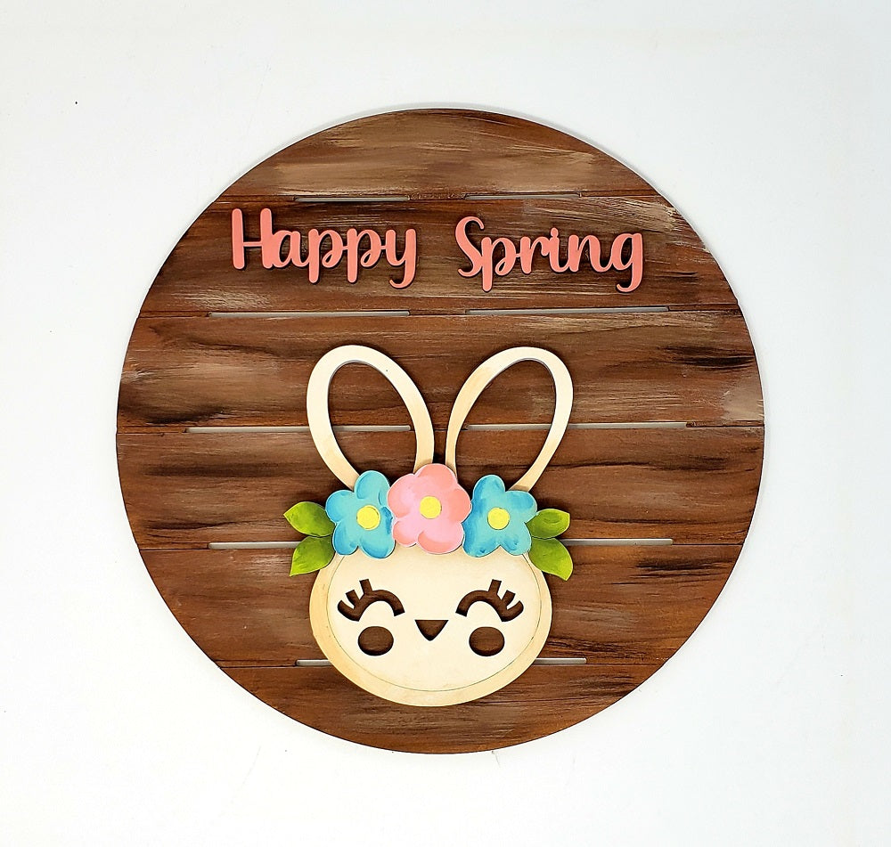 3D Round Pallet MDF Cutout Happy Spring Bunny Flower Crown - Unfinished For DIY