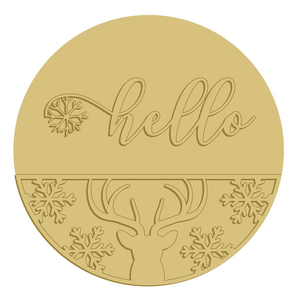 3D Round MDF Cutout Hello With Deer - Unfinished For DIY