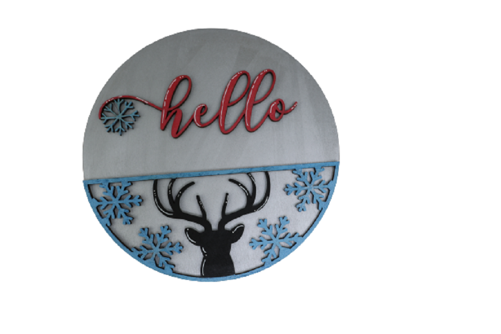 3D Round MDF Cutout Hello With Deer - Unfinished For DIY