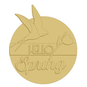 3D Round MDF Cutout Hello Spring With Hummingbird - Unfinished For DIY