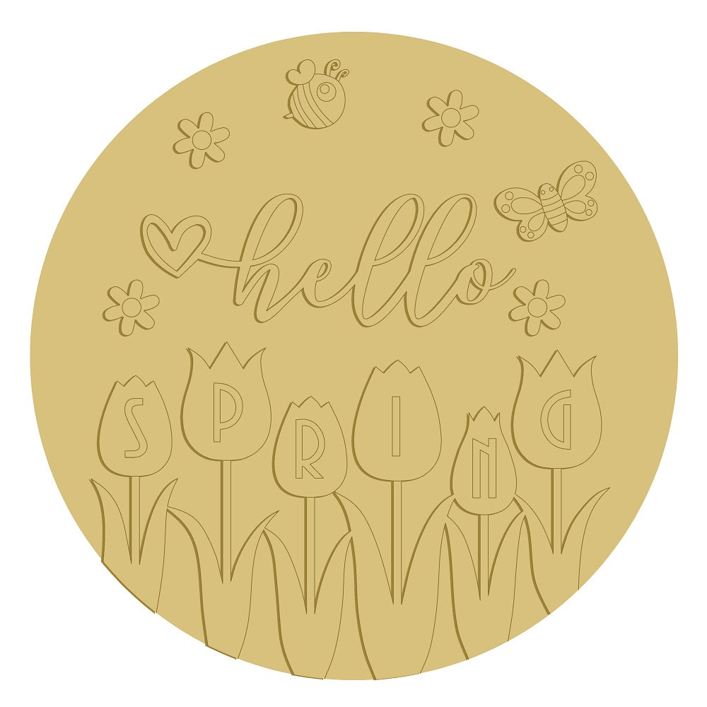 3D Round MDF Cutout Hello Spring Style 2 - Unfinished For DIY