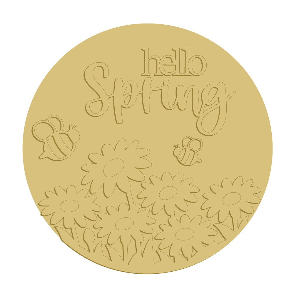 3D Round MDF Cutout Hello Spring With Daisies And Bees - Unfinished For DIY