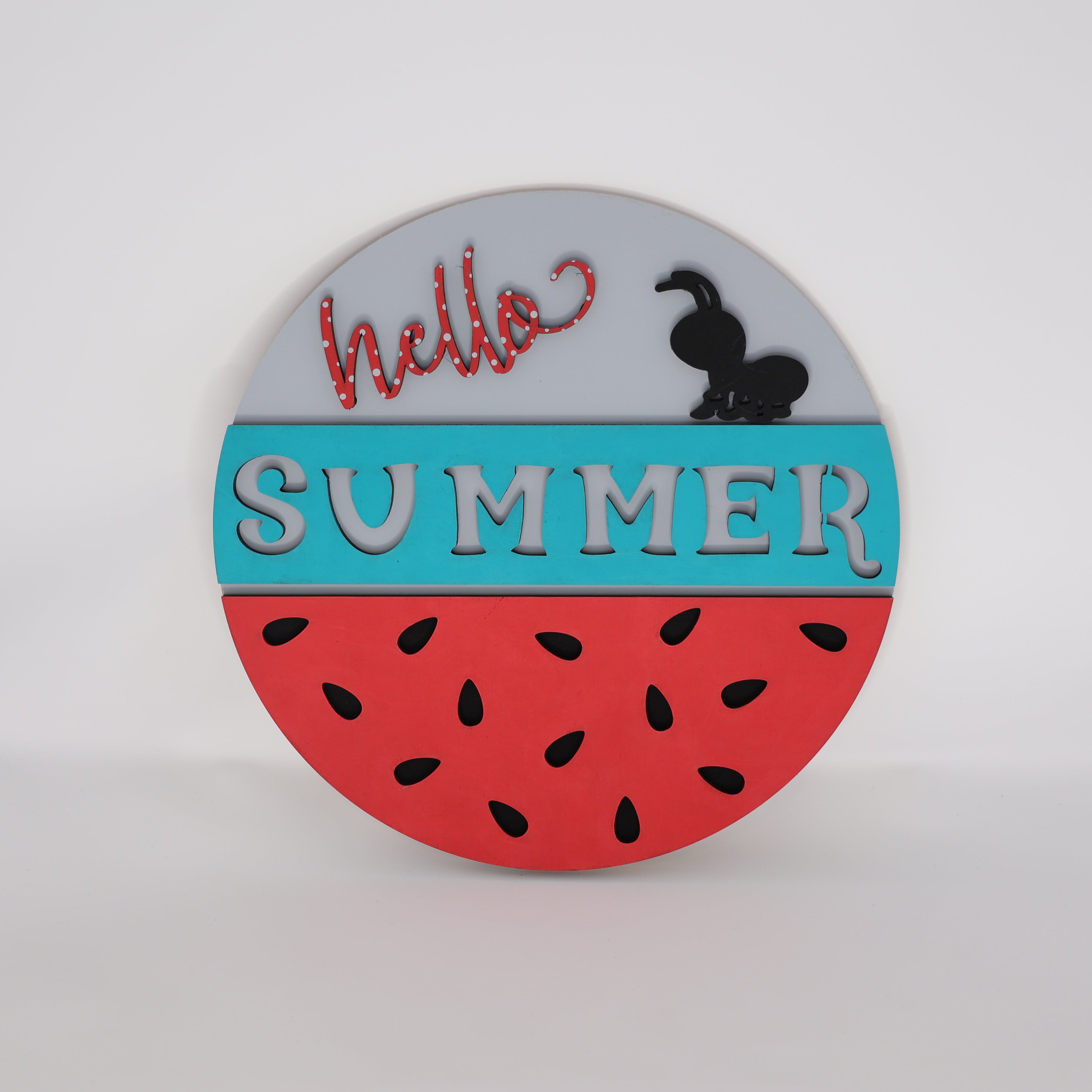 3D Round MDF Cutout Hello Summer With Watermelon Seeds And A Ant - Unfinished For DIY