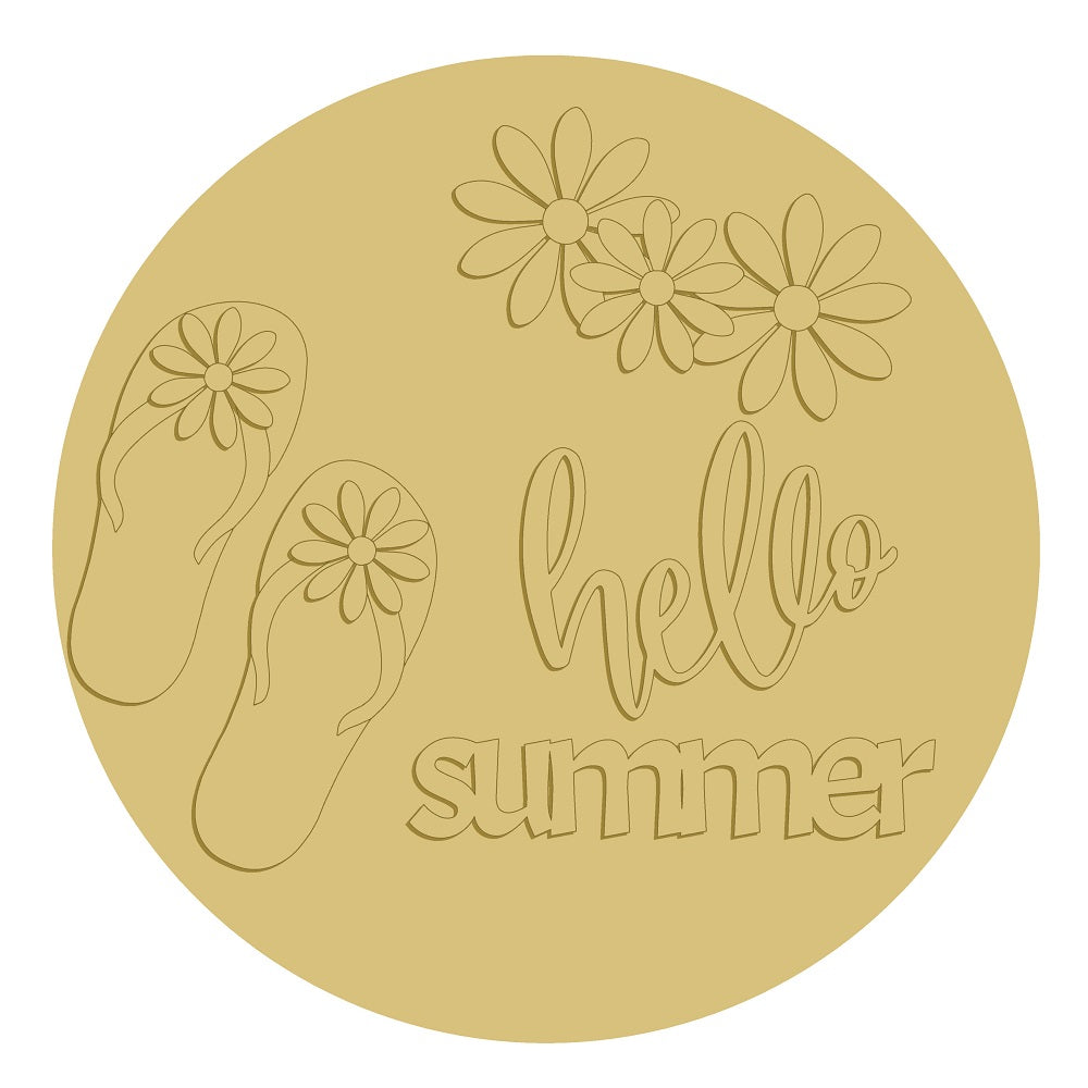 3D Round MDF Cutout Hello Summer With Flip-Flops And Flowers - Unfinished For DIY