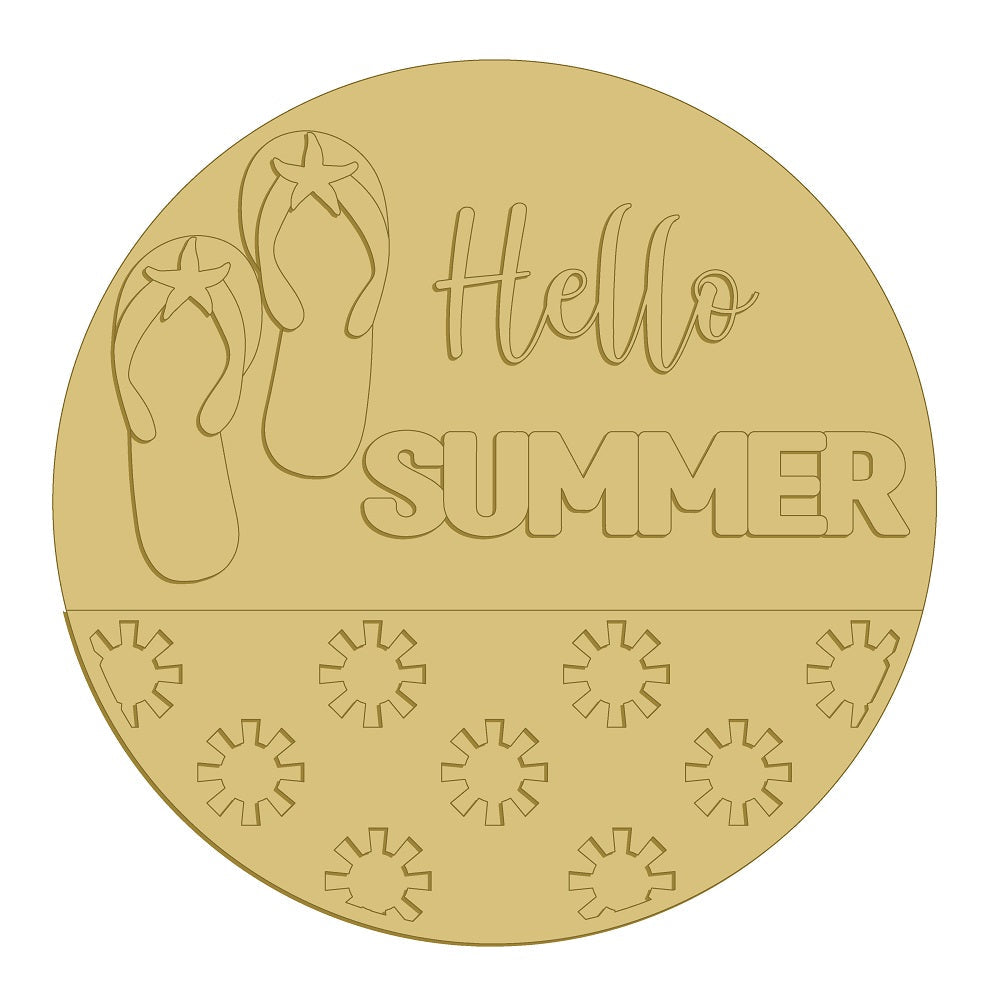 3D Round MDF Cutout Hello Summer Flip Flop Silhouettes With Sunburst Gear Border - Unfinished For DIY