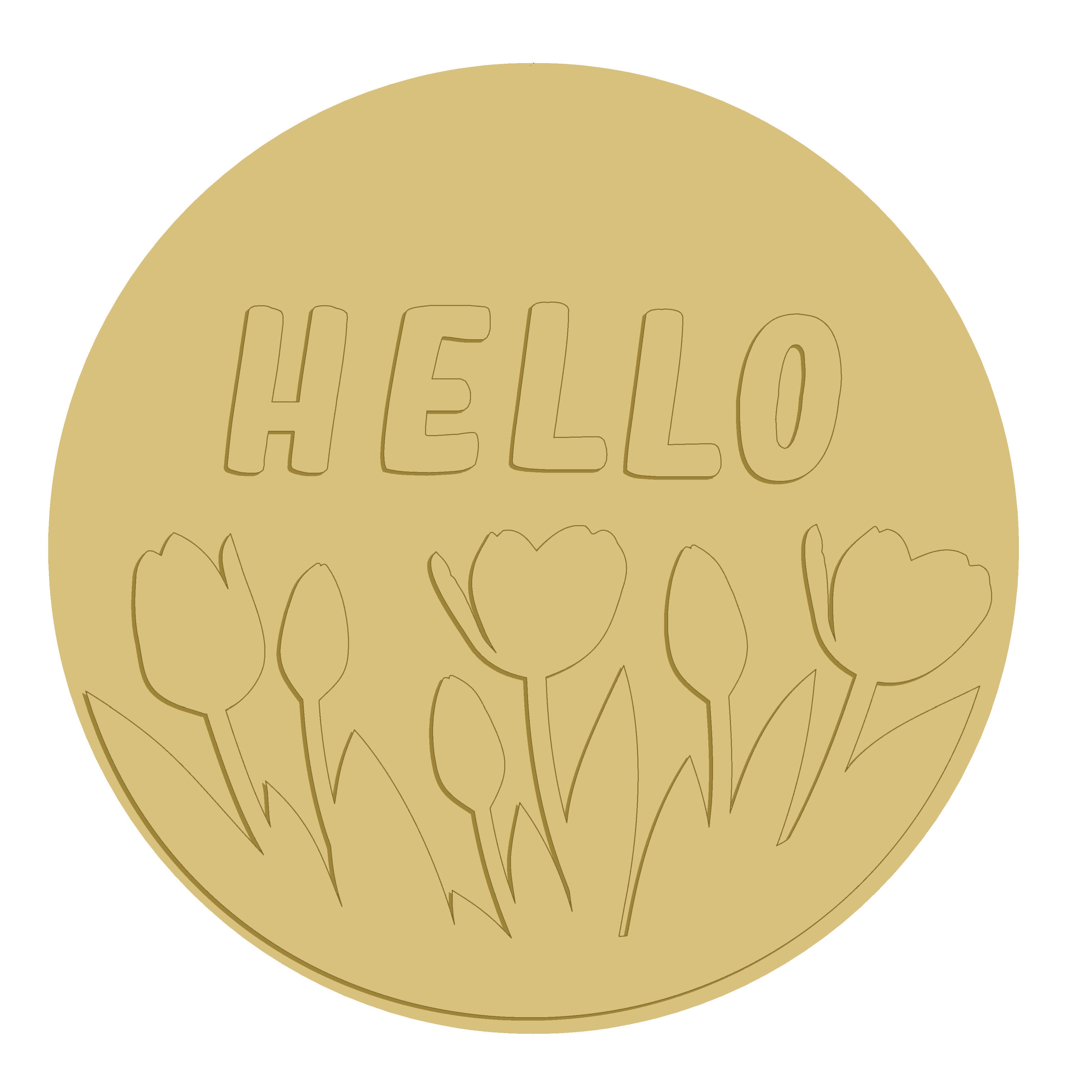3D Round MDF Cutout Hello With Tulips - Unfinished For DIY