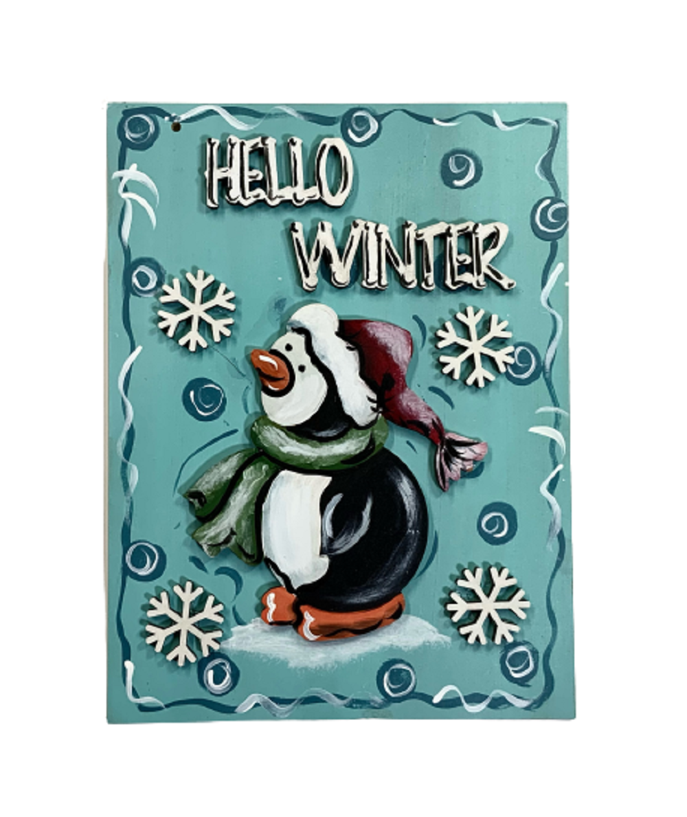 Design By Line Rectangle MDF Cutout Hello Winter Penguin Scene With Snowflakes - Unfinished For DIY