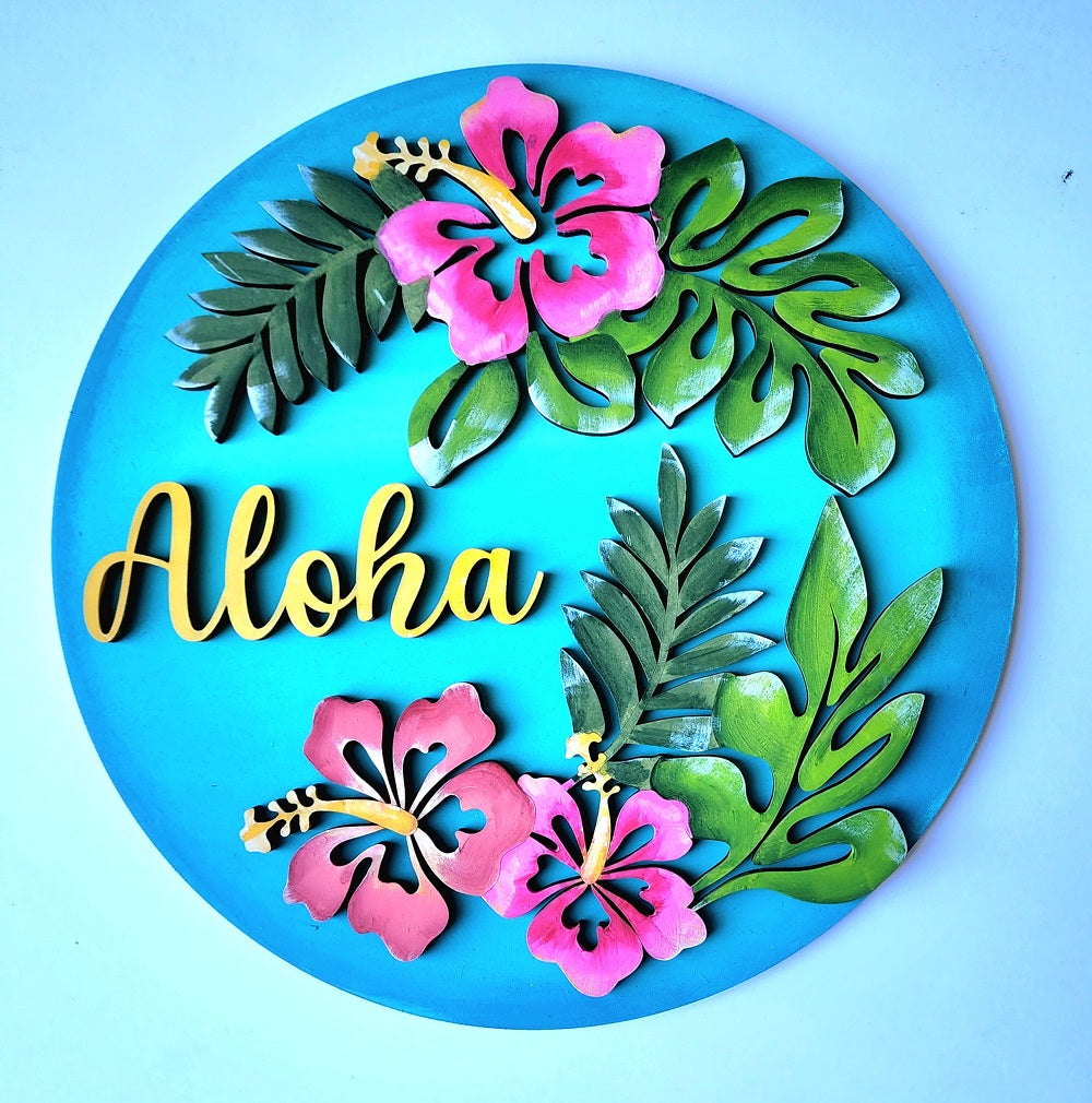 3D Round MDF Cutout Aloha Hibiscus Floral - Unfinished For DIY