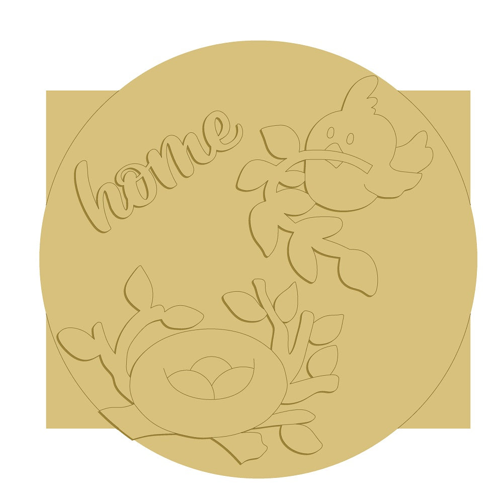 3D Round Plaque MDF Cutout Home With Bird On Branch Nest - Unfinished For DIY