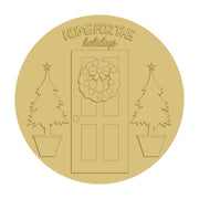 3D Round MDF Cutout Home For The Holidays Wreath On Door With Potted Trees - Unfinished For DIY