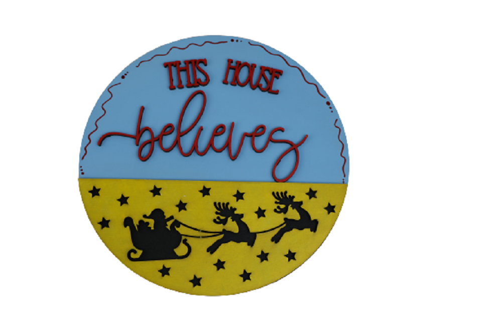 3D Round MDF Cutout This House Believes Santa Sleigh Reindeer And Stars - Unfinished For DIY