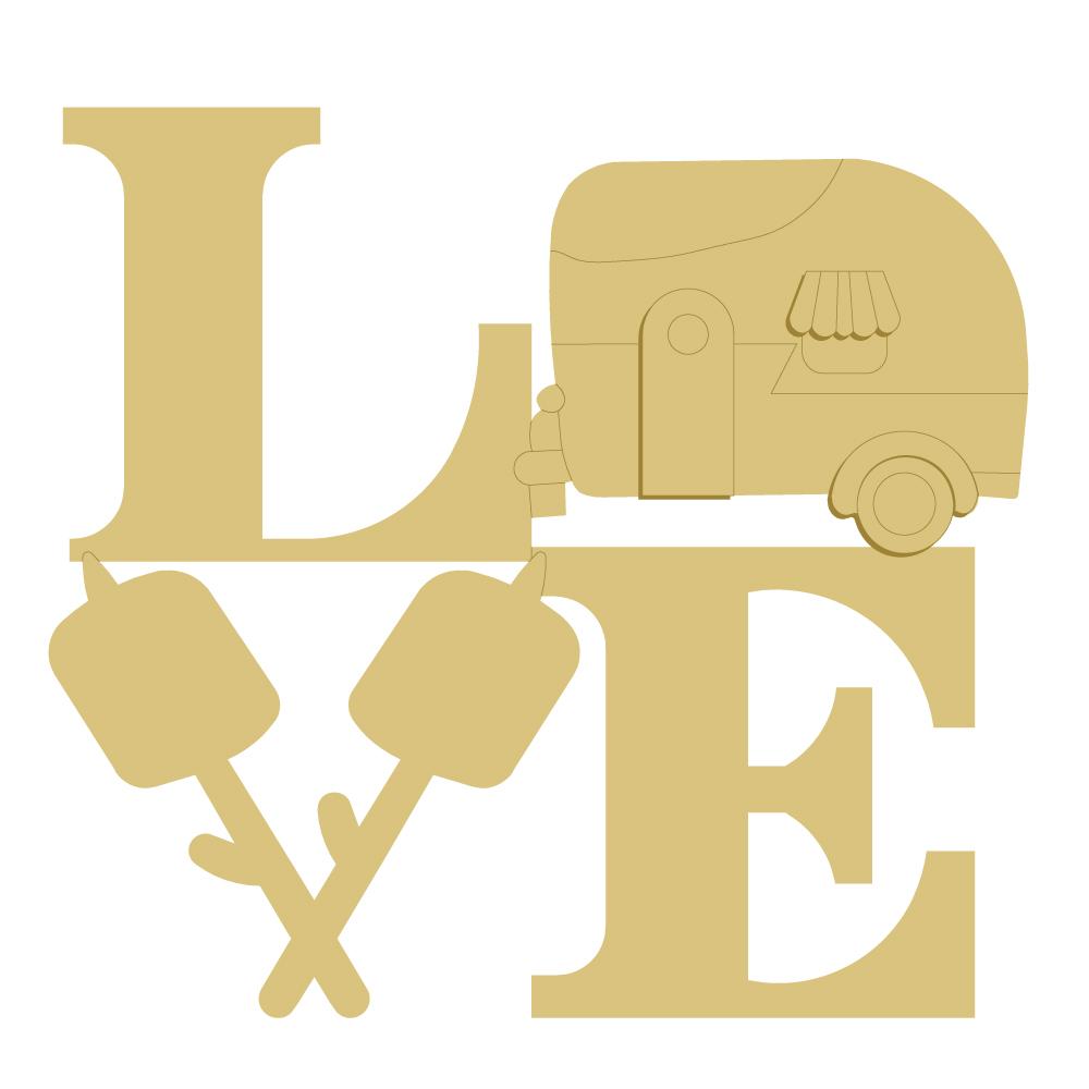3D Word Love MDF Cutout With Camper and Marshmellows On Sticks - Unfinished For DIY