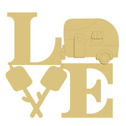 3D Word Love MDF Cutout With Camper and Marshmellows On Sticks - Unfinished For DIY