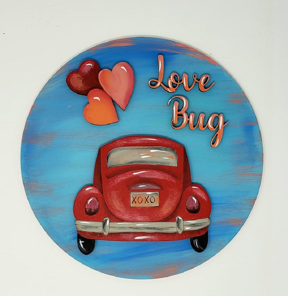 Design By Line Round MDF Cutout Love Bug Car With Hearts - Unfinished For DIY